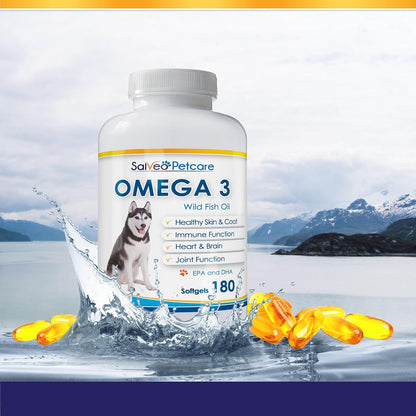 Omega 3 Fish Oil for Dogs – Natural Pet Supplement for Shiny Coat, Wild Caught, 180 Capsules