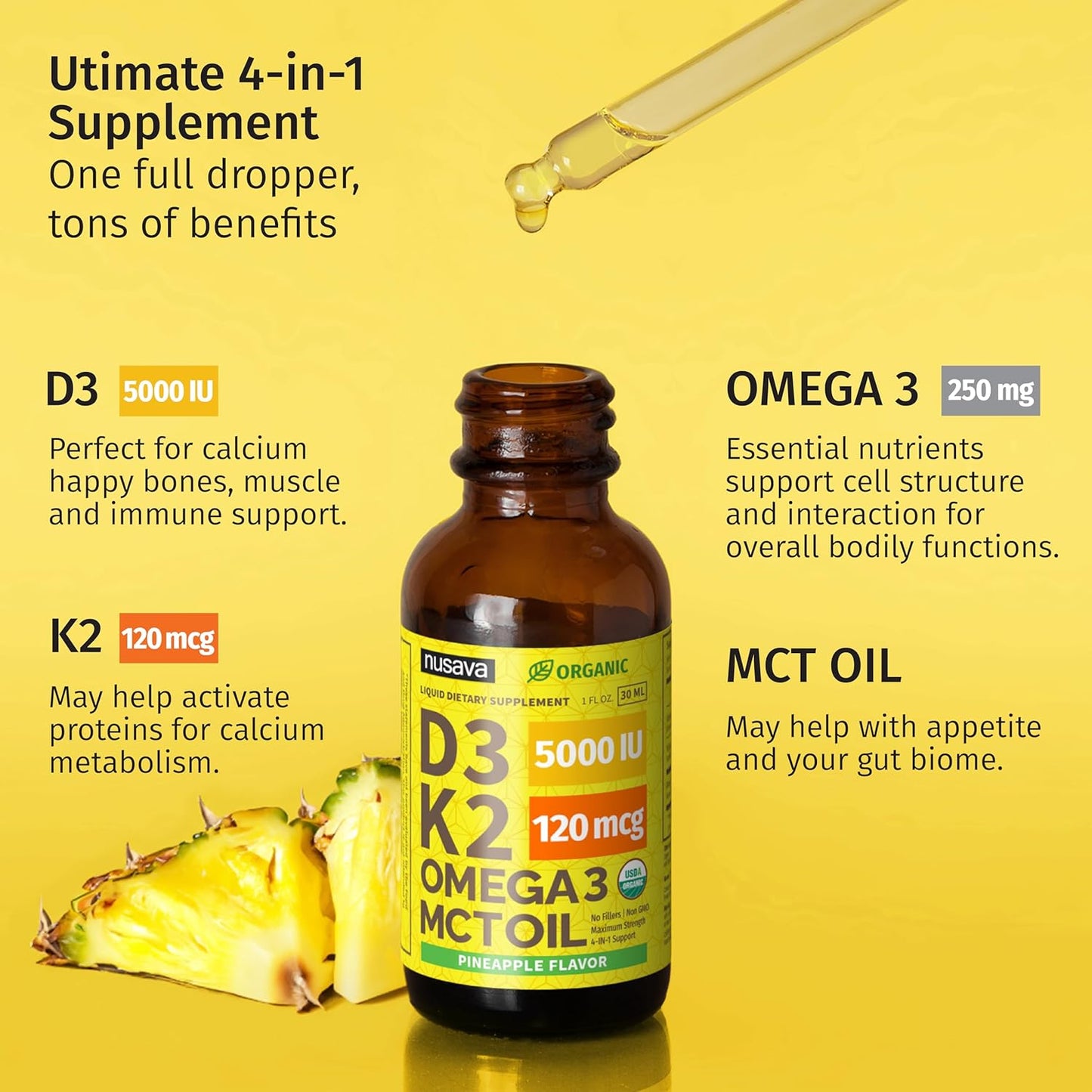 (2 Pack) Organic Vitamin D3 and K2 Drops with MCT Oil and Omega 3 - Liquid Vitamin D3 5000 IU - D3 K2 Supplement for Men and Women - No Fillers, Non-GMO, GMP, Pineapple Flavour (2 fl oz) - görsel 4