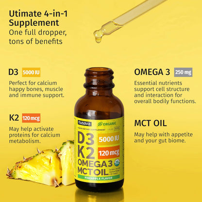 (2 Pack) Organic Vitamin D3 and K2 Drops with MCT Oil and Omega 3 - Liquid Vitamin D3 5000 IU - D3 K2 Supplement for Men and Women - No Fillers, Non-GMO, GMP, Pineapple Flavour (2 fl oz)