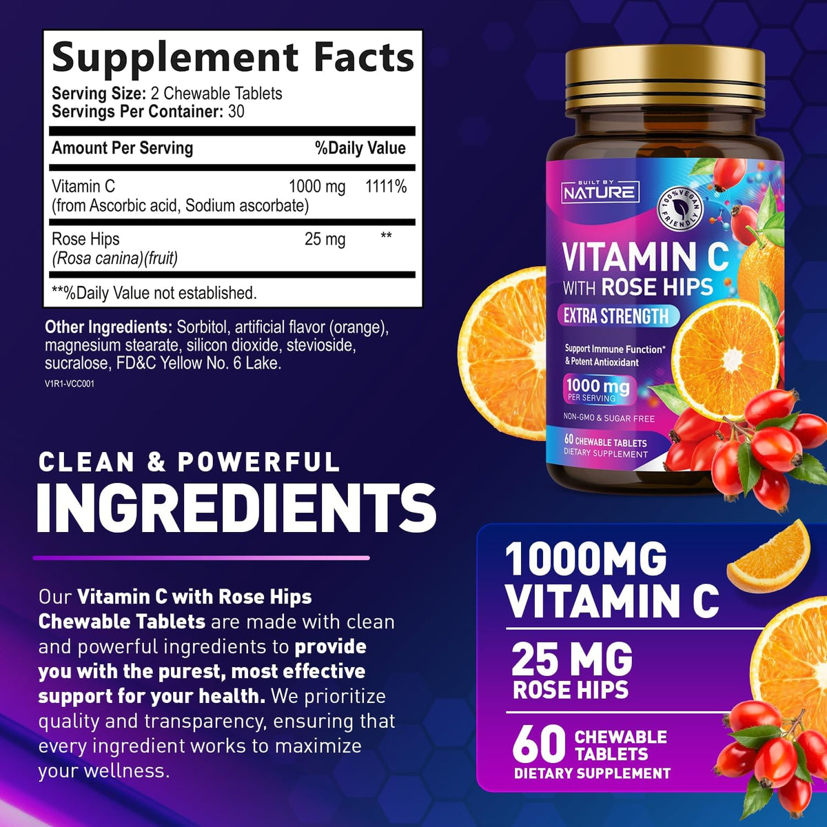 Built by Nature Chewable Vitamin C with Rose Hips – 1000mg Immune Support – Orange Flavour – 60 Tablets - görsel 8