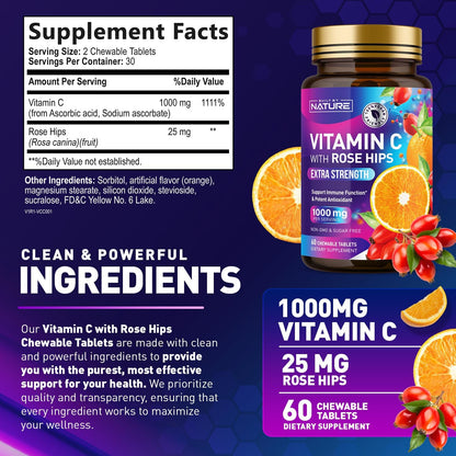 Built by Nature Chewable Vitamin C with Rose Hips – 1000mg Immune Support – Orange Flavour – 60 Tablets