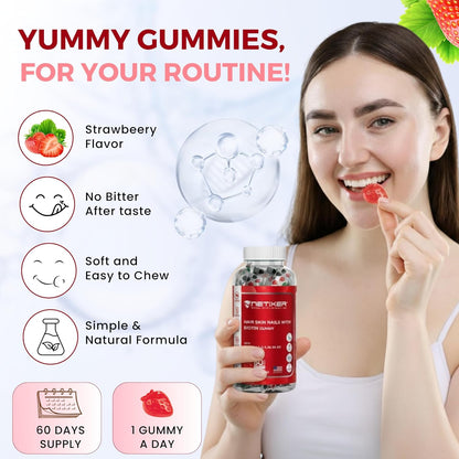 Biotin Gummies 5000 mcg | Multivitamin Gummies | Vitamins A C D E B6 B12 with Zinc | Strawberry Flavour | Vegan | Individually Wrapped | 60 Count