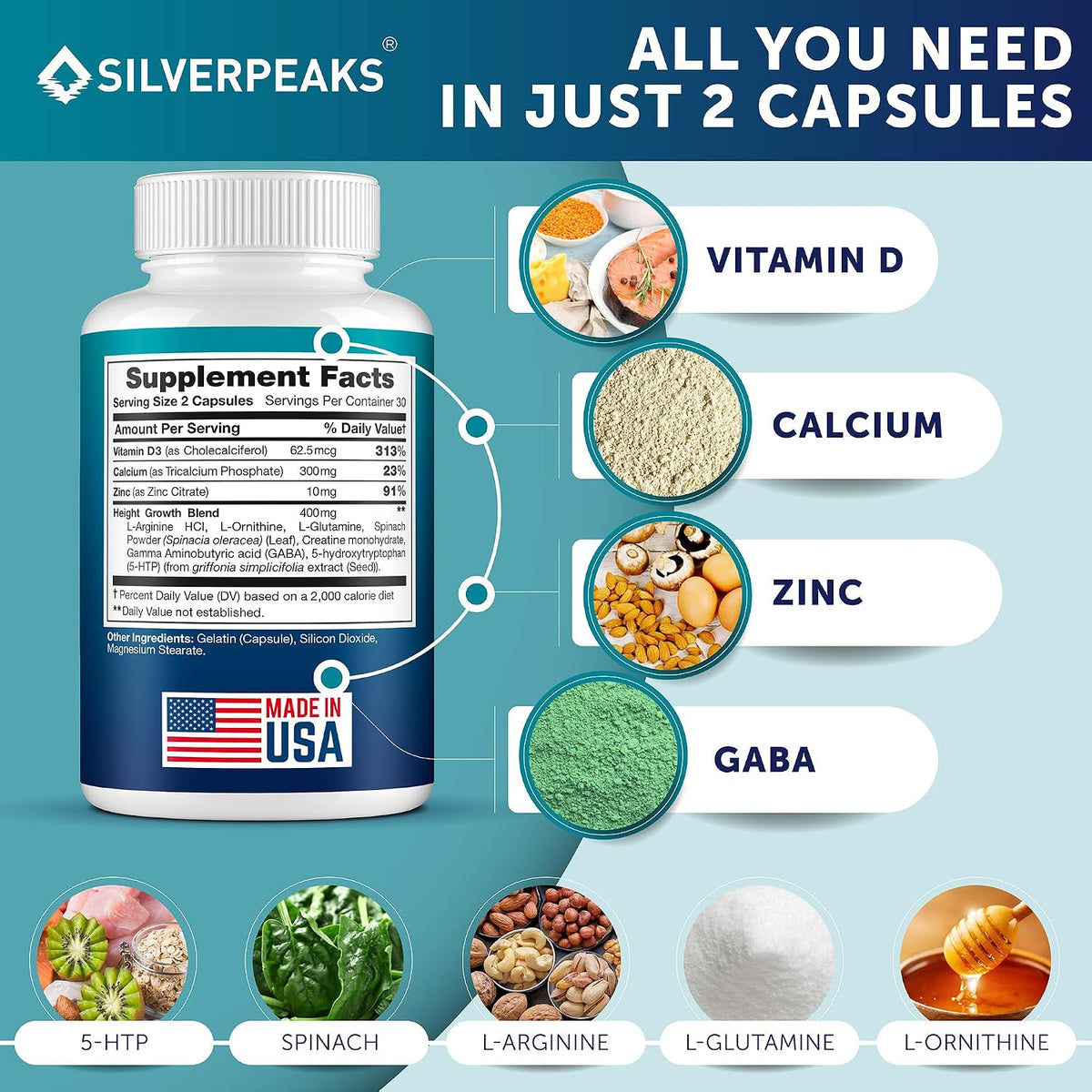 Height Growth Maximizer - Natural Pills to Help You Grow Taller Made in USA with Calcium, Zinc, GABA & Vitamin D3 for Bone – Image 3