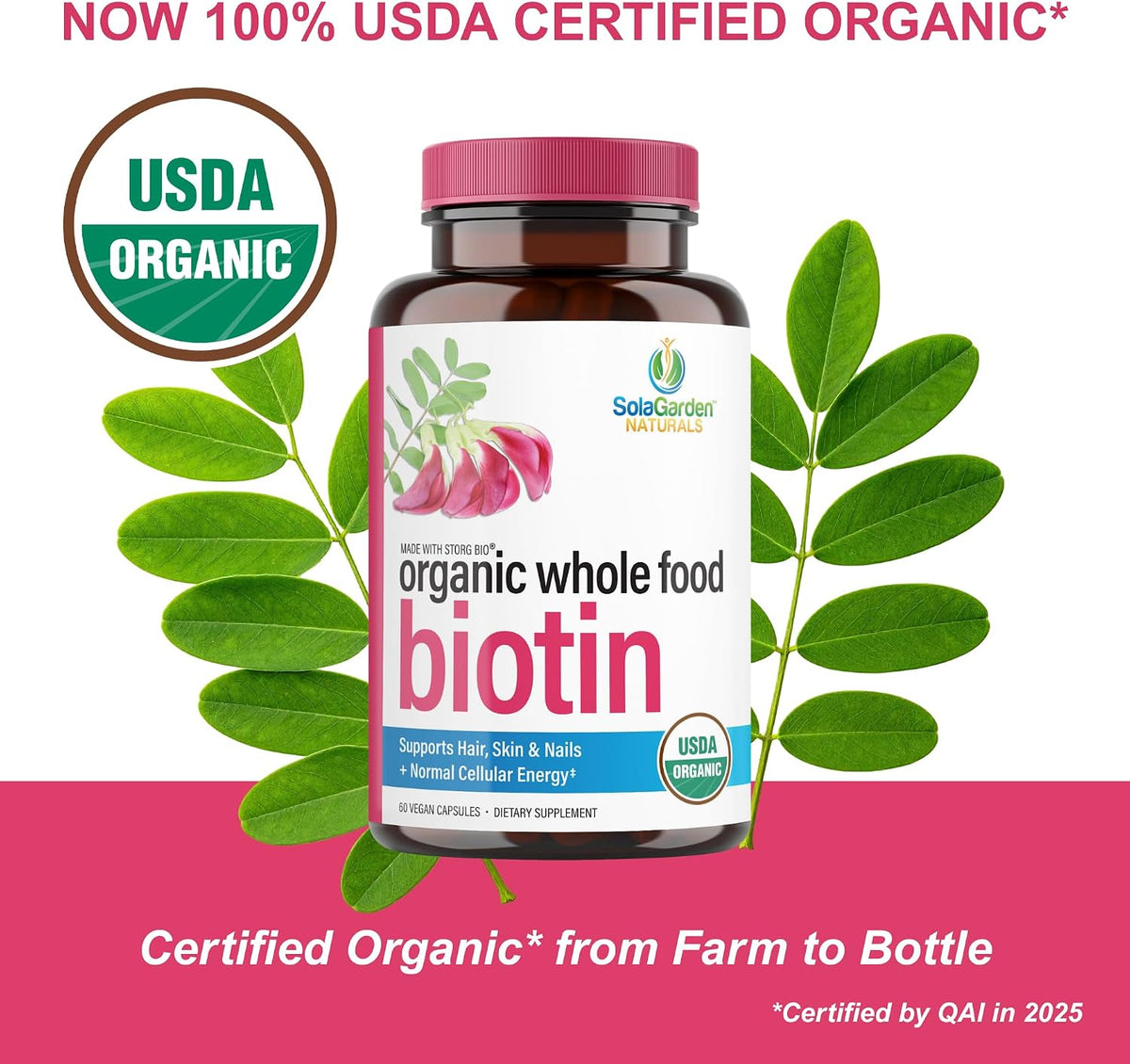 USDA Organic Whole Food Biotin Supplement - 5000 mcg Plant-Based Biotin from Sesbania Agati - Non-GMO Vegan Capsules for Hair, Skin, and Nails - 60 Count - görsel 2