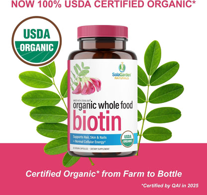 USDA Organic Whole Food Biotin Supplement - 5000 mcg Plant-Based Biotin from Sesbania Agati - Non-GMO Vegan Capsules for Hair, Skin, and Nails - 60 Count