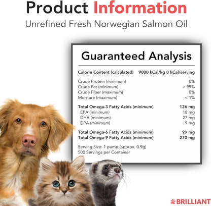 Brilliant Norwegian Salmon Oil for Dogs, Cats, Horses & Ferrets - Pure Omega 3, 6 & 9 Fish Oil Food Supplement for Natural Coat, Immune Support, Itchy Skin, Joint & Brain Health - 2x500 ml