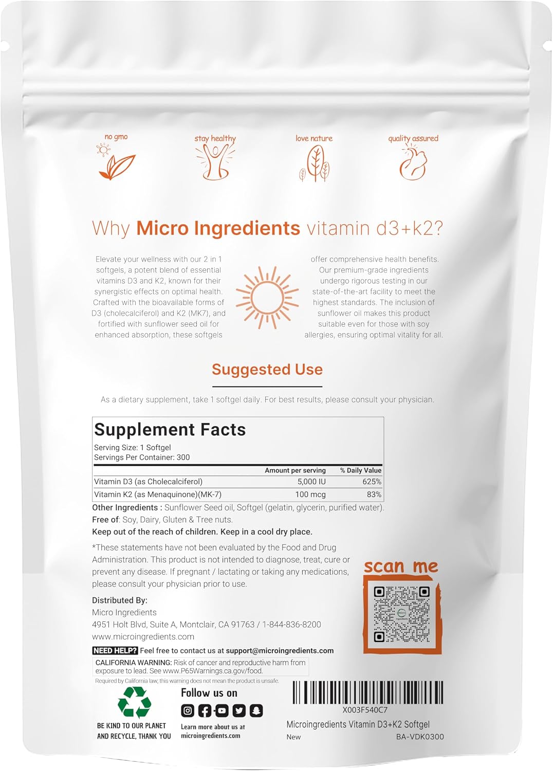 Micro Ingredients Vitamin D3 5,000 IU + K2 MK-7 100 mcg, 300 Softgels | 2-in-1 Vitamins D & K Complex | Extra Strength, Easy to Swallow, Non-GMO, Gluten-free - görsel 2