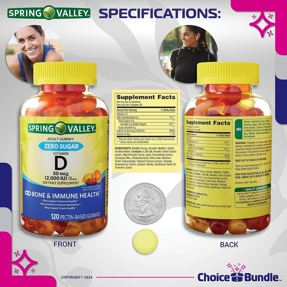 Choice Bundle Spring Valley Sugar Free Vitamin D Gummies 50 mcg (2000 IU) for Bone and Immune Health, 2-Pack (240 Gummies) with Vitamin Guide and Pill Container - görsel 3