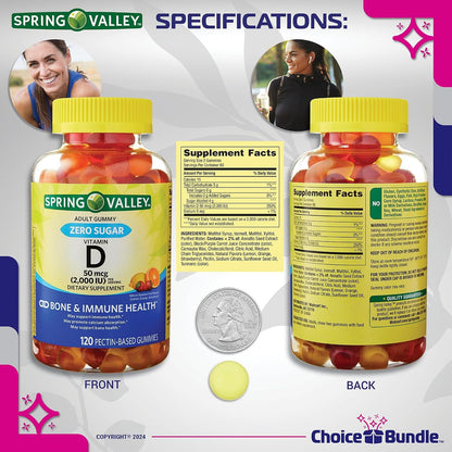 Choice Bundle Spring Valley Sugar Free Vitamin D Gummies 50 mcg (2000 IU) for Bone and Immune Health, 2-Pack (240 Gummies) with Vitamin Guide and Pill Container