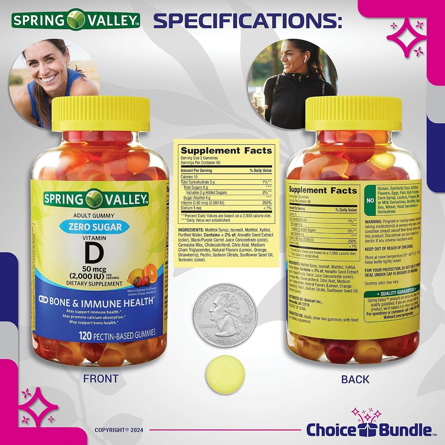 Spring Valley Zero Sugar Vitamin D Gummies Bundle - 4 Pack (480 Gummies) with Guide and Pill Container - görsel 7