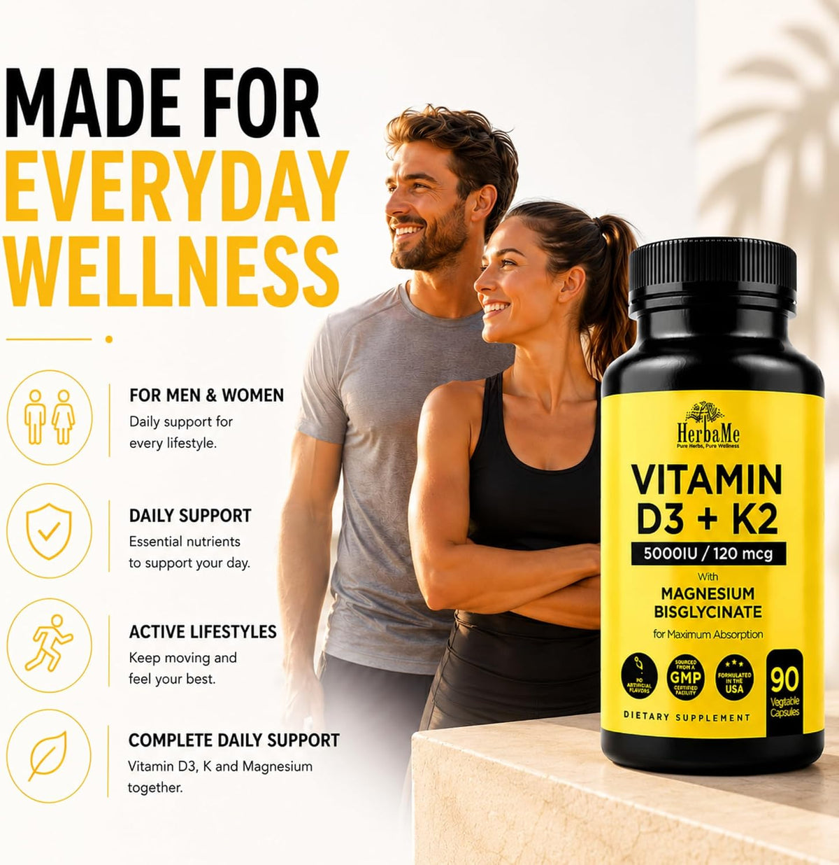 HerbaMe Vitamin D3 5000 IU + K2 with Magnesium Bisglycinate - Bone, Muscle & Immune Support - 90 Capsules - görsel 6
