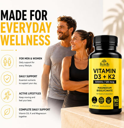 HerbaMe Vitamin D3 5000 IU + K2 with Magnesium Bisglycinate - Bone, Muscle & Immune Support - 90 Capsules