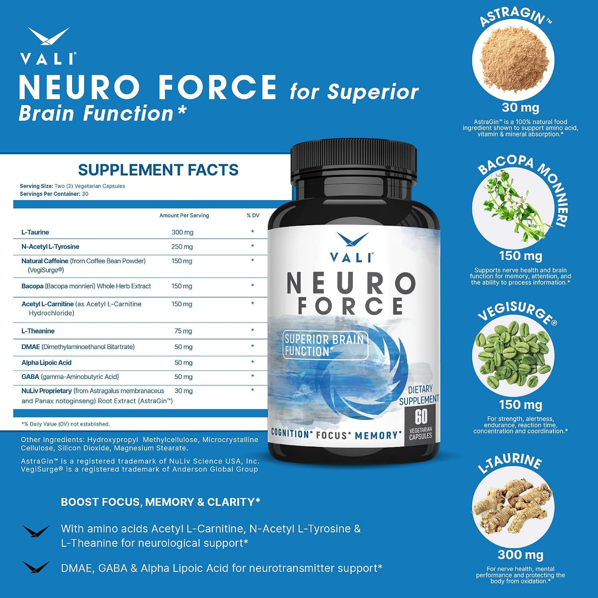 VALI Neuro Force Brain Booster Supplement - Nootropic for Focus, Memory, Clarity & Energy - 60 Veggie Capsules - görsel 2