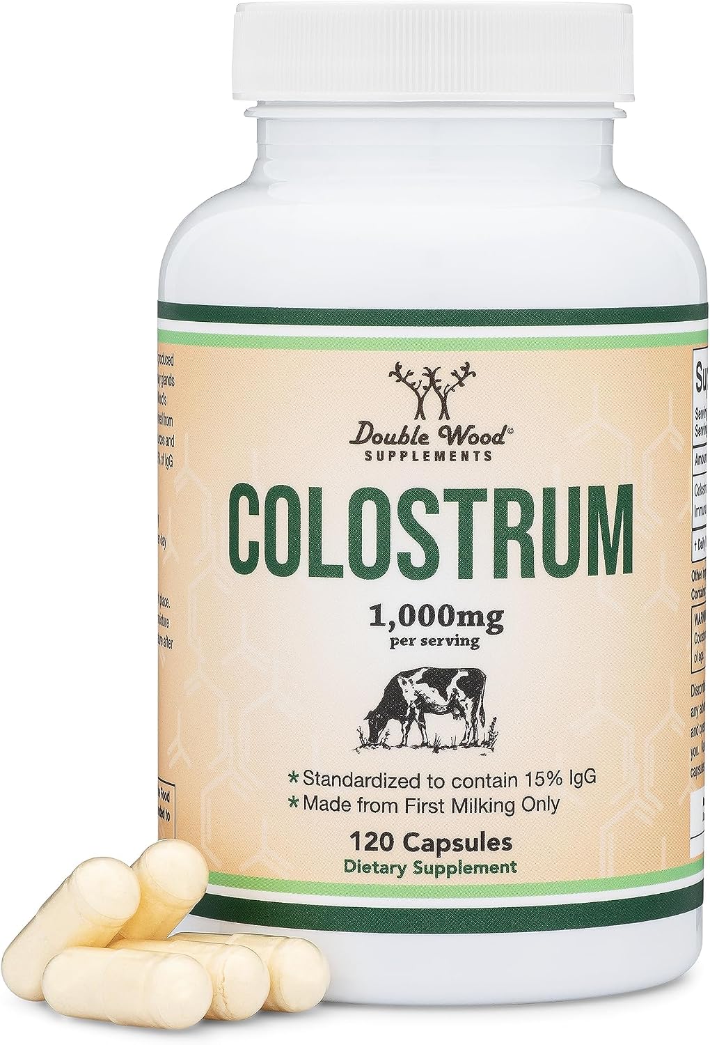 Double Wood Bovine Colostrum Supplement – 1,000 mg per Serving, 15% IgG, 120 Capsules - görsel 1