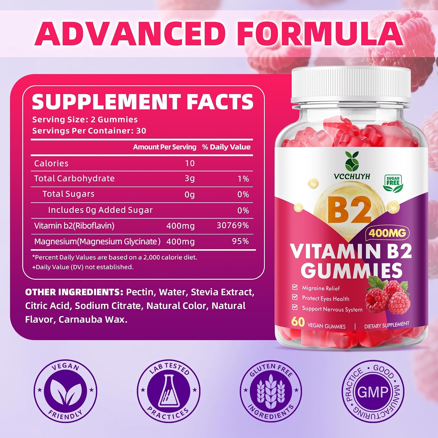 VCCHUYH Vitamin B2 Gummies 400mg – Riboflavin with Magnesium – Vegan, Non-GMO, Raspberry Flavour – 120 Gummies - görsel 2