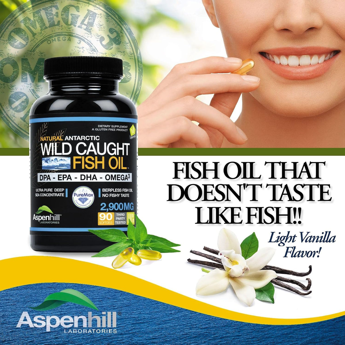 Triple Strength Fish Oil - Ultra Pure Wild Caught Omega-3 with DPA, EPA & DHA - 2900 mg - 90 Softgels - Non-GMO, Burp-Free, Vanilla Flavour - görsel 2