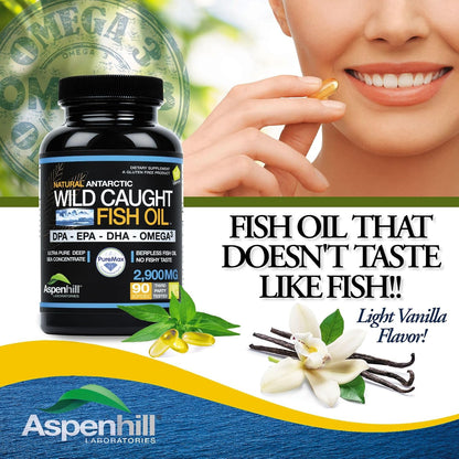 Triple Strength Fish Oil - Ultra Pure Wild Caught Omega-3 with DPA, EPA & DHA - 2900 mg - 90 Softgels - Non-GMO, Burp-Free, Vanilla Flavour