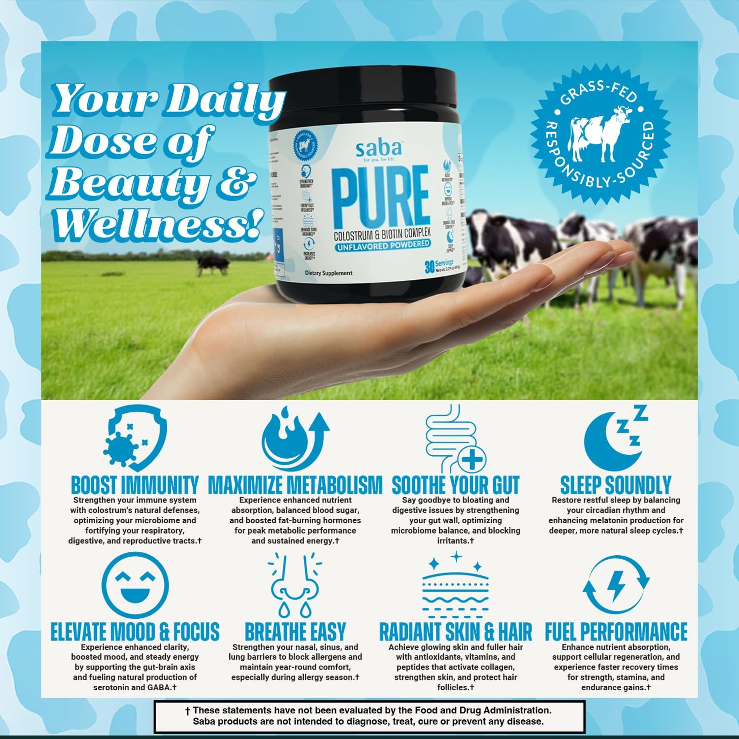 Saba Pure Colostrum & Biotin Complex – Unflavoured, Easy-Mixing Powder for Gut Health, Immunity, Hair, Skin & Nails, 60 Servings - görsel 4
