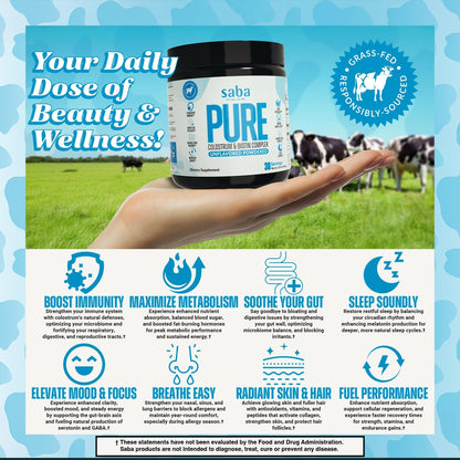 Saba Pure Colostrum & Biotin Complex – Unflavoured, Easy-Mixing Powder for Gut Health, Immunity, Hair, Skin & Nails, 60 Servings