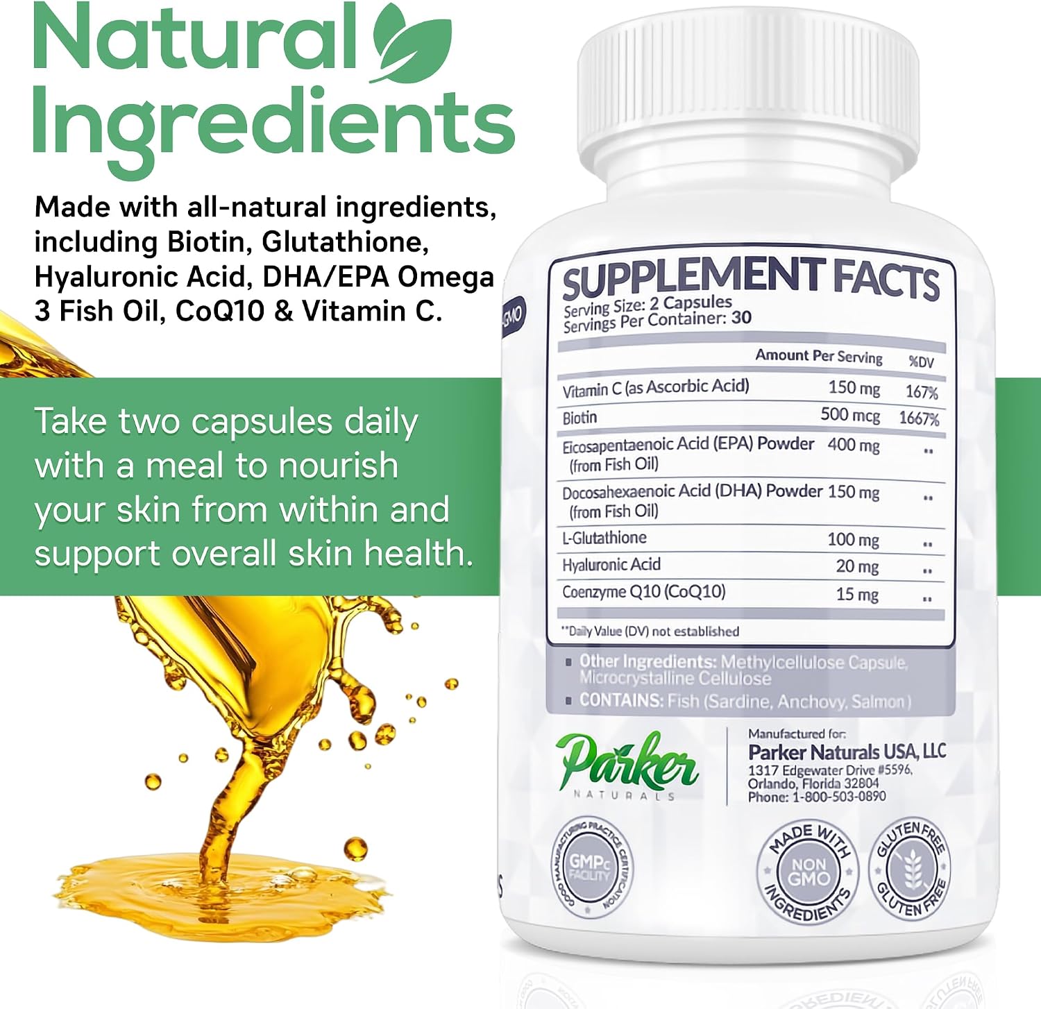Parker Naturals Glowing Skin Supplement - Biotin, Glutathione, Hyaluronic Acid, DHA/EPA Omega 3 Fish Oil, CoQ10, Vitamin C - 60 Capsules - görsel 4