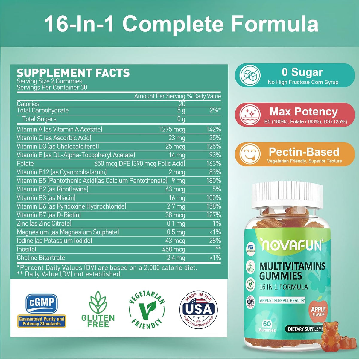 Multivitamin Gummies, 16-in-1 Multivitamin Supplement for Women, Men & Kids, Essential Vitamins & Minerals, Vegan, Sugar-Free, 60 Gummies - görsel 2