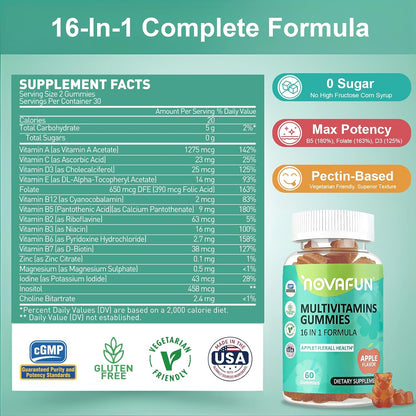 Multivitamin Gummies, 16-in-1 Multivitamin Supplement for Women, Men & Kids, Essential Vitamins & Minerals, Vegan, Sugar-Free, 60 Gummies