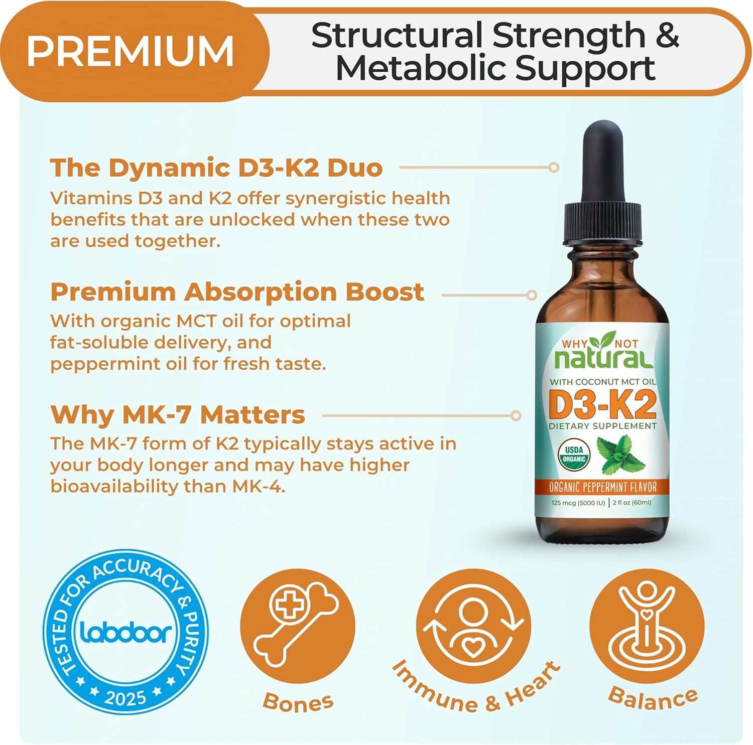 Why Not Natural Organic Vitamin D3 K2 (MK-7) Liquid Drops, 5000 IU D3 with Coconut MCT Oil, for Bones, Teeth and Immune Support - görsel 2