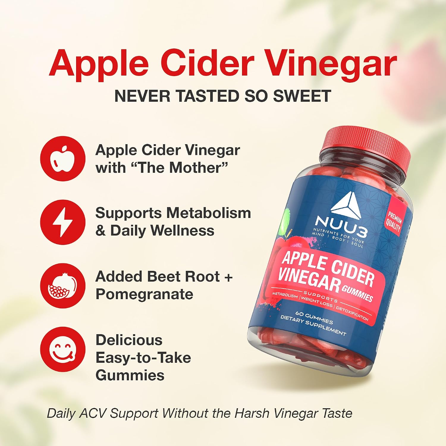 Apple Cider Vinegar Gummies – Support for Energy, Immunity & Gut Health – Folate, Iodine, Pomegranate, Beet Root, Vitamins B-6 & 12 – (60 Count, Pack of 1) - görsel 2