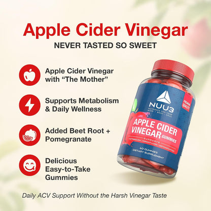 Apple Cider Vinegar Gummies – Support for Energy, Immunity & Gut Health – Folate, Iodine, Pomegranate, Beet Root, Vitamins B-6 & 12 – (60 Count, Pack of 1)