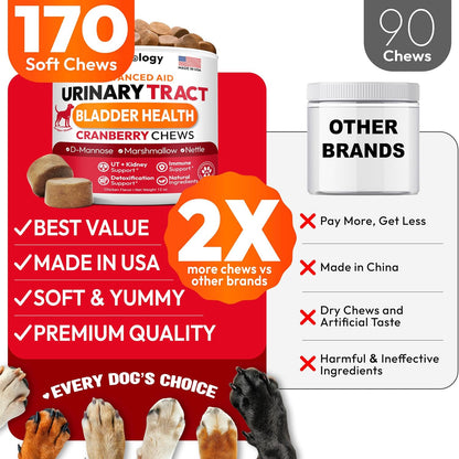 Petsology Dog UTI Treatment - 170 Cranberry Chews for Dogs - Urinary & Bladder Health Multivitamin with D-Mannose