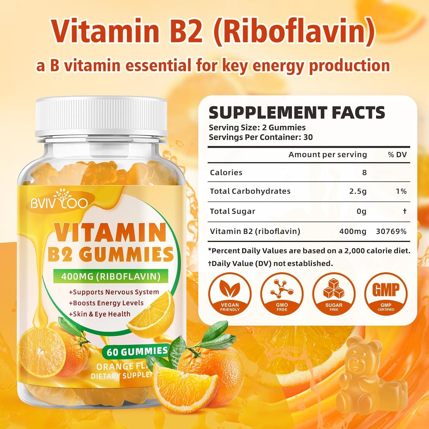 BVIVLOO Vitamin B2 Gummies – Riboflavin 400mg for Energy and Metabolism support - görsel 2