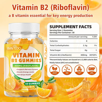 BVIVLOO Vitamin B2 Gummies – Riboflavin 400mg for Energy and Metabolism support