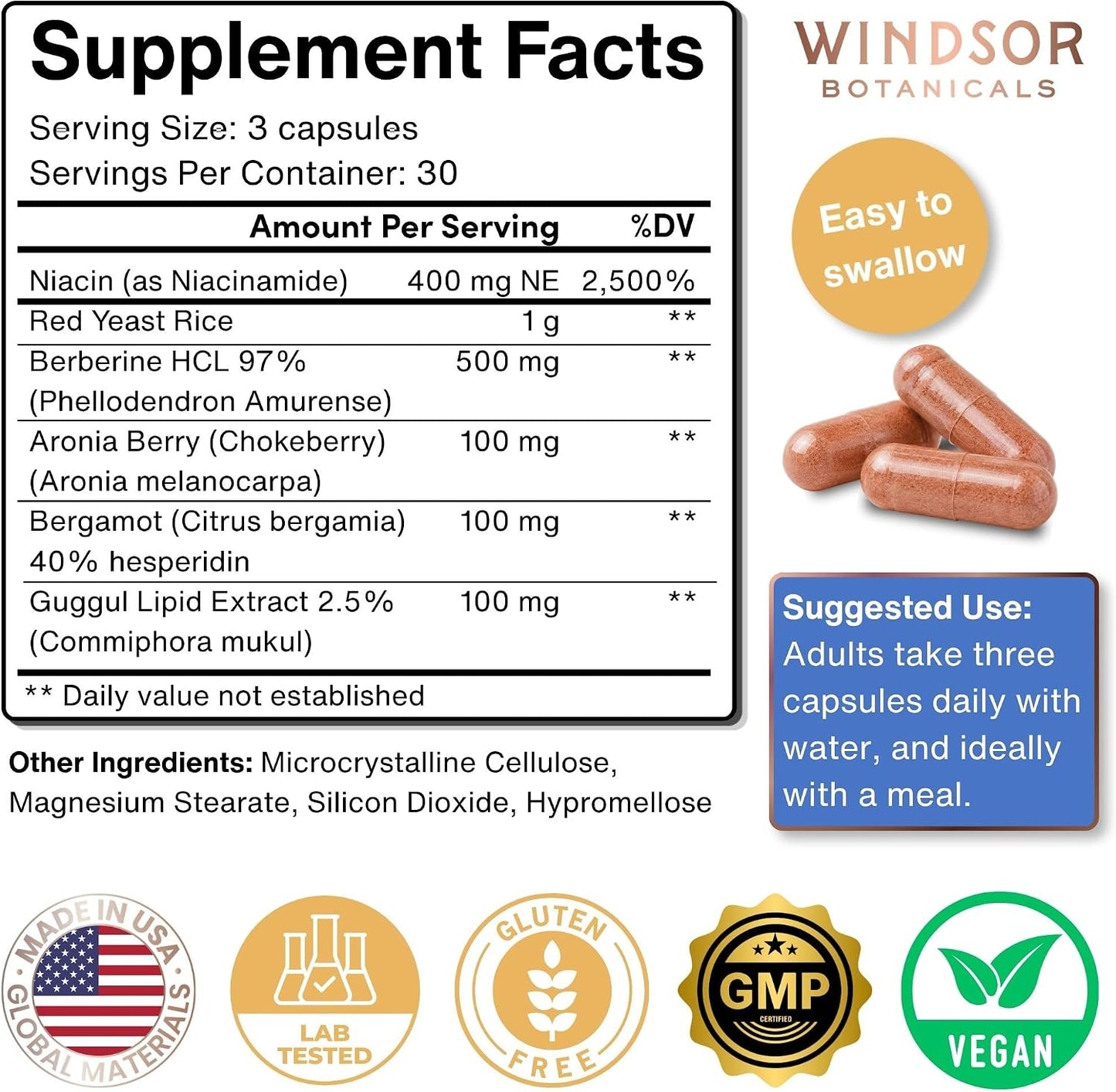Windsor Botanicals Cholesterol Support Complex - Citrus Bergamot, Red Yeast Rice, Berberine, Niacin - 90 Vegan Capsules - görsel 4