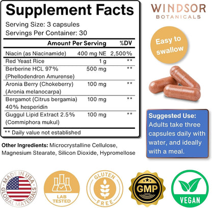 Windsor Botanicals Cholesterol Support Complex - Citrus Bergamot, Red Yeast Rice, Berberine, Niacin - 90 Vegan Capsules