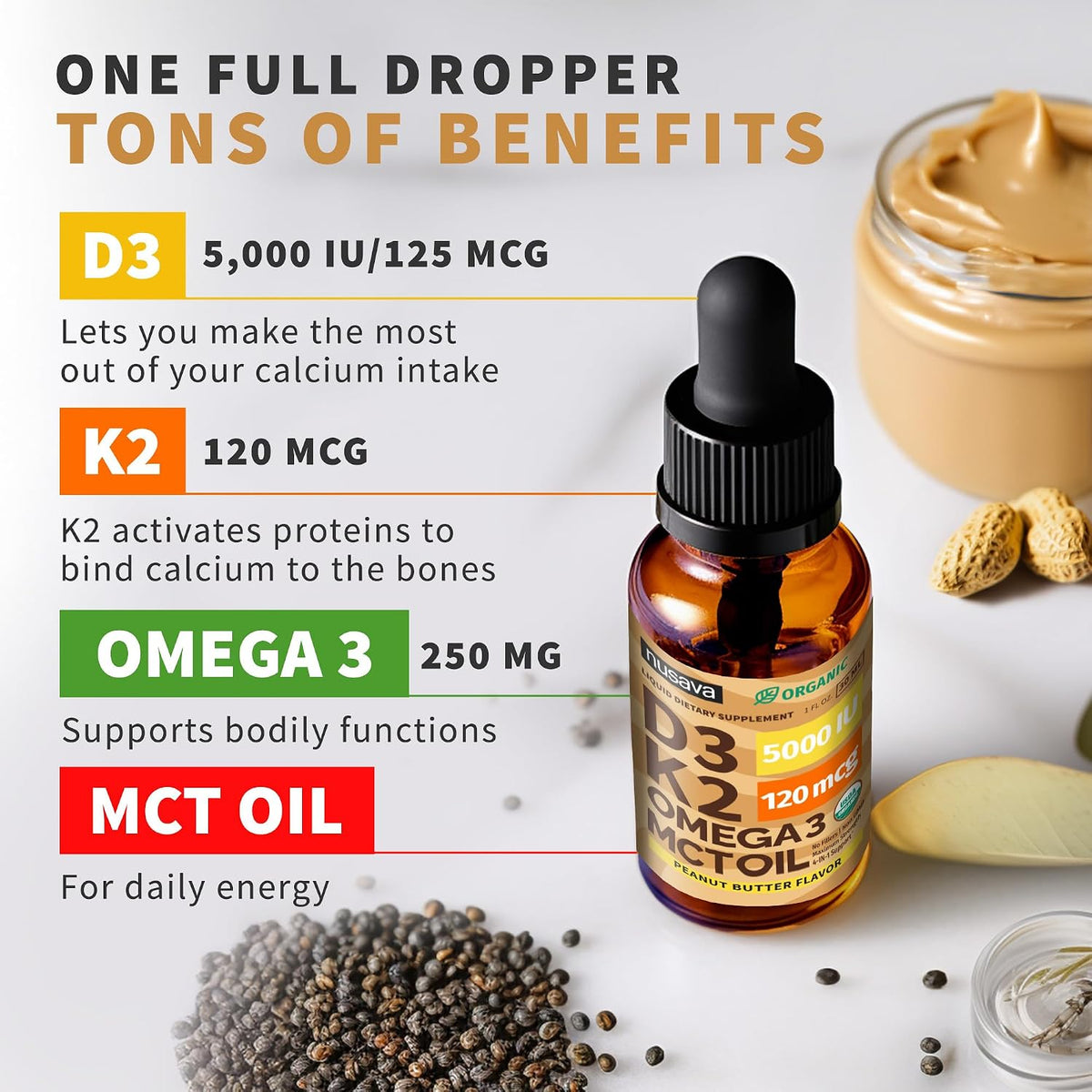 NUSAVA Organic Vitamin D3 K2 Drops with MCT Oil & Omega-3 - Liquid Vitamin D3 5000 IU, Peanut Butter (60 ml) - görsel 3