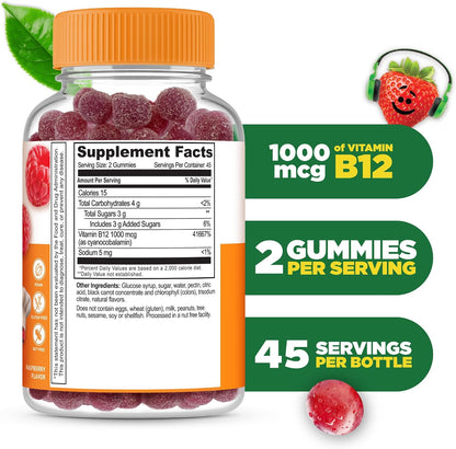 Lifeable Vitamin B12 Gummies for Children – 1000 mcg – Raspberry Flavour – 90 Count