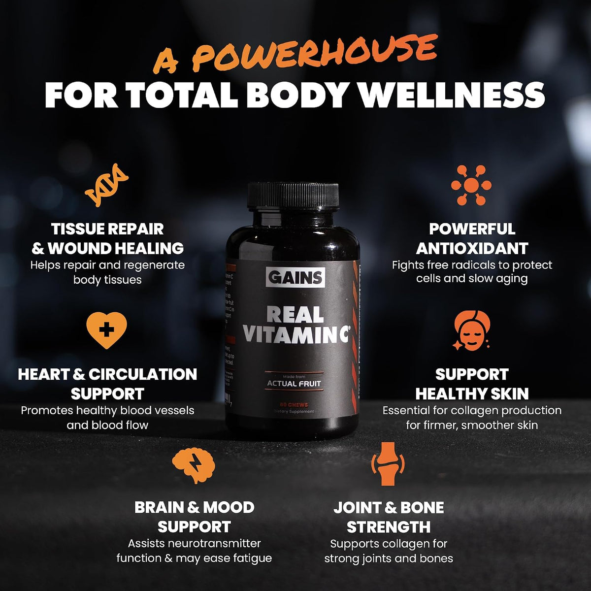 Gains in Bulk Real Vitamin C - Whole Food Chewable with Citrus Bioflavonoids, 60 Tablets - görsel 3