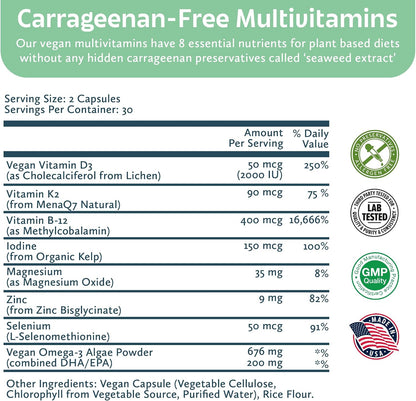 Future Kind Carrageenan-Free Foundations Multivitamin for Women and Men with Omega-3, B12, D3, Zinc, Iodine, Magnesium, K2 and Selenium, Vegan, Compostable Pouch (60 Capsules)