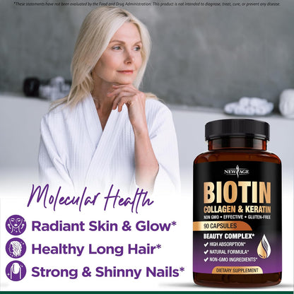 NEW AGE Biotin Collagen Keratin Hyaluronic Acid – Hair Growth Supplements for Men and Women, Nails, Hair and Skin Support with DHT Blocker, Vitamin E, Folic Acid, Pumpkin Seed, MSM – 270 Count