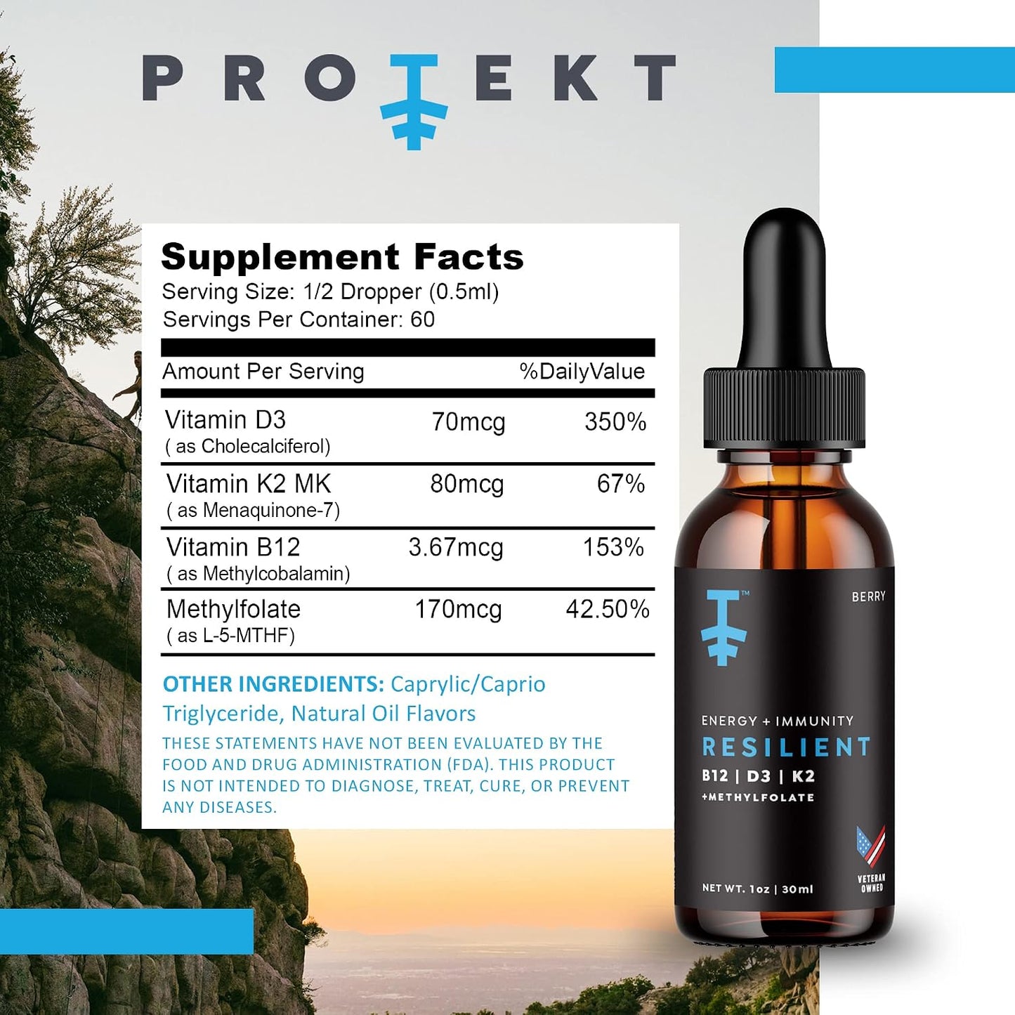 PROTEKT Resilient Vitamin D3 K2 B12 Drops | Liquid Supplement with Methylfolate, Natural Berry, 30 ml - görsel 2
