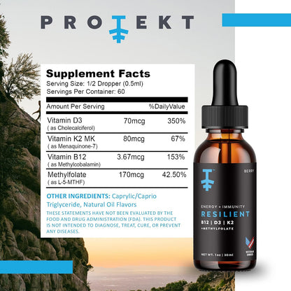 PROTEKT Resilient Vitamin D3 K2 B12 Drops | Liquid Supplement with Methylfolate, Natural Berry, 30 ml