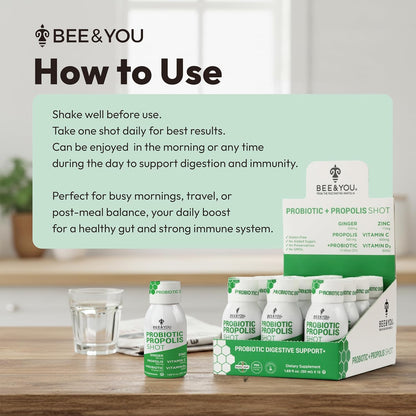 Bee and You Propolis Immunity Shot - Probiotic with Vitamin C, D3, Zinc, Ginger - 12 Pack