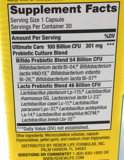 Renew Life Ultimate Flora Care Probiotic 100 Billion – 30 Capsules