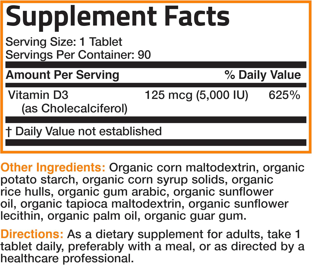 Bronson Vitamin D3 5000 IU - Certified Organic Vitamin D Supplement, Non-GMO, 90 Tablets - görsel 7