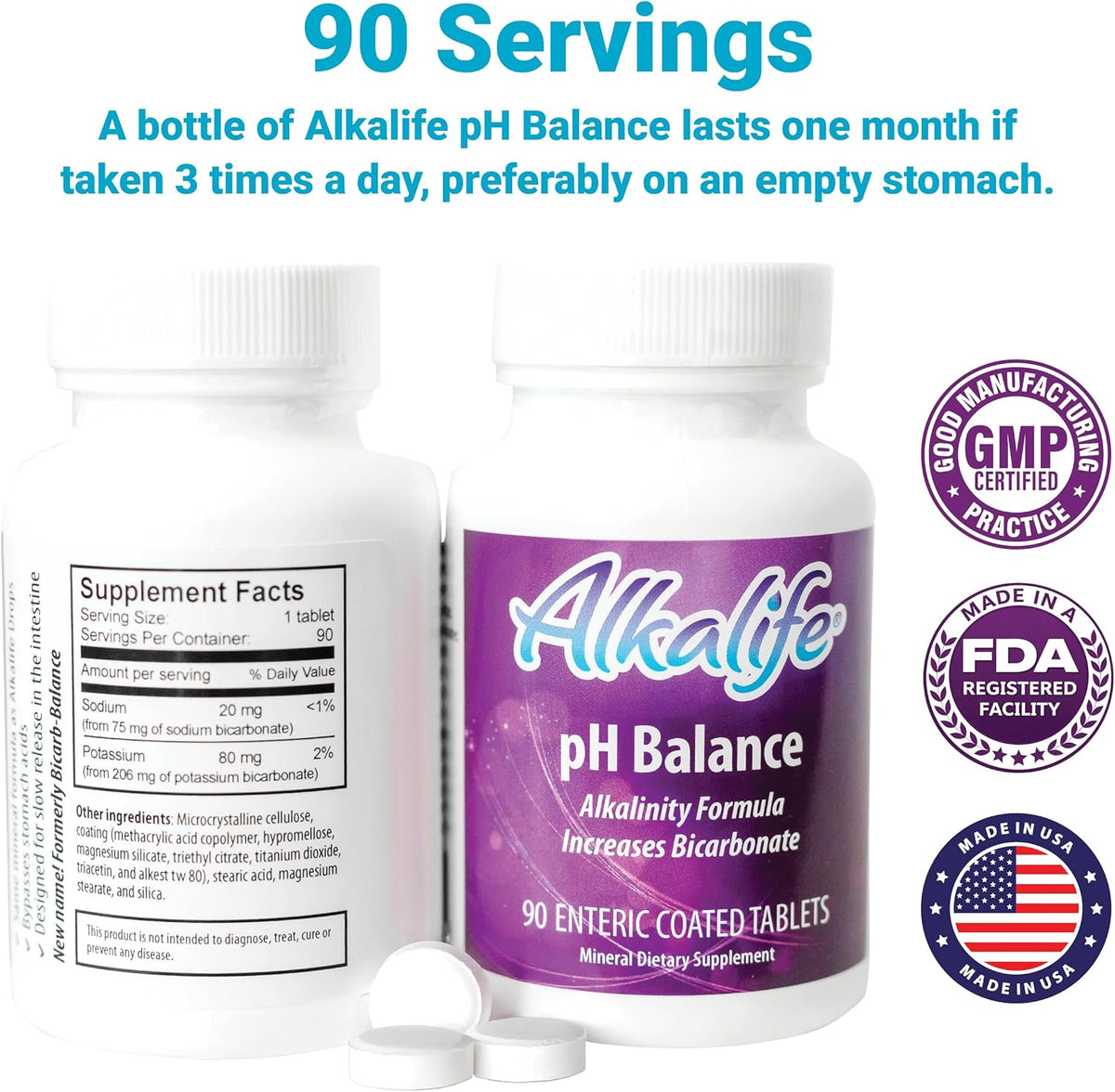 Alkalife pH Balance Tablets, 1-Pack, Enteric-Coated, Potassium and Sodium Bicarbonate, Alkaline Mineral Support, 90 Tablets (1 Month Supply) - görsel 3