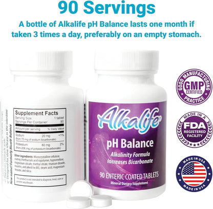 Alkalife pH Balance Tablets, 1-Pack, Enteric-Coated, Potassium and Sodium Bicarbonate, Alkaline Mineral Support, 90 Tablets (1 Month Supply)