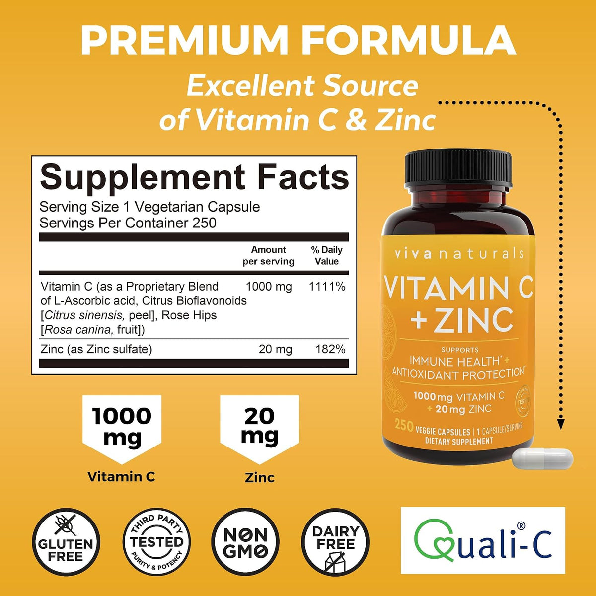 Viva Naturals Vitamin C and Zinc 1000mg with 20mg Zinc – 250 Vegetable Capsules – Image 2