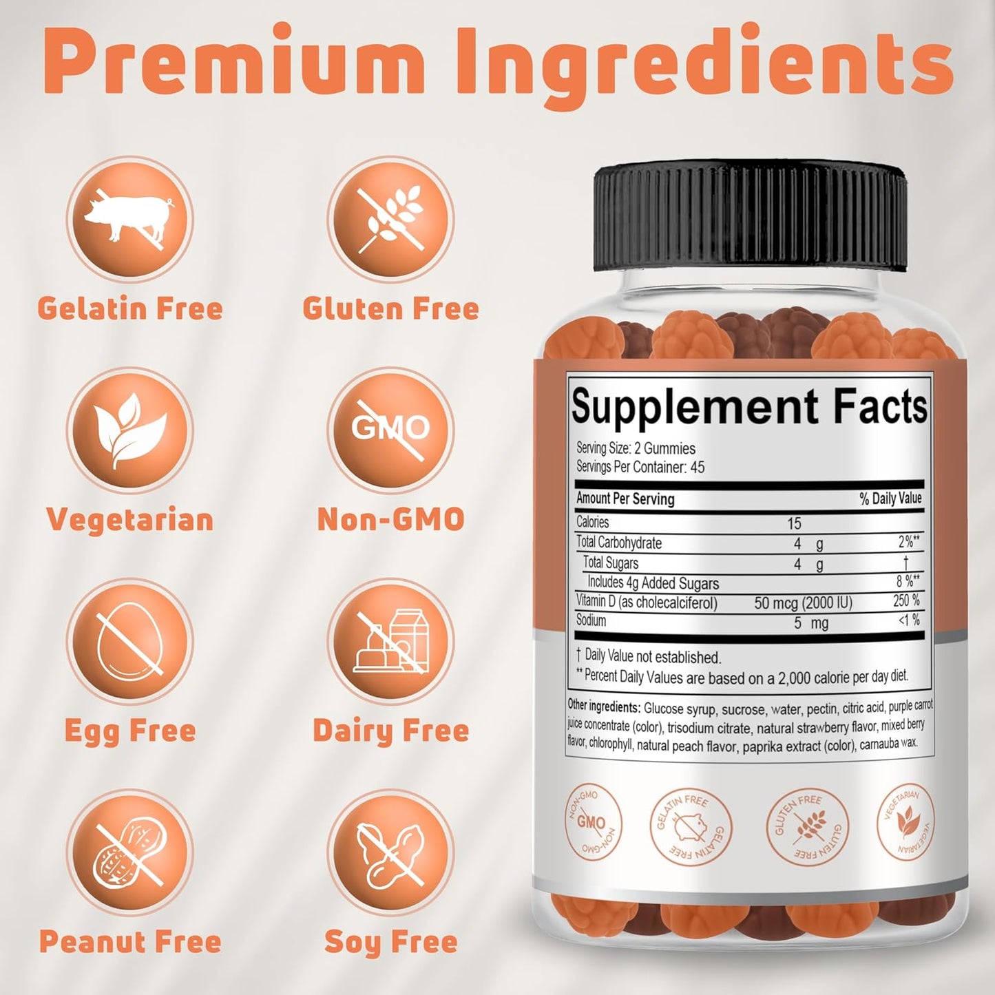 NUELATION Vitamin D3 Gummies for Adults - 2000 IU - Peach, Strawberry & Mixed Berry - 90 Count (45 Servings) - görsel 4