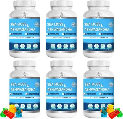 BIO VITALICA Sea Moss Ashwagandha Gummies - Organic Irish Sea Moss Blended with Burdock Root & Bladderwrack - Natural Energy & Calm Support for Adults - 60 Vegan Count