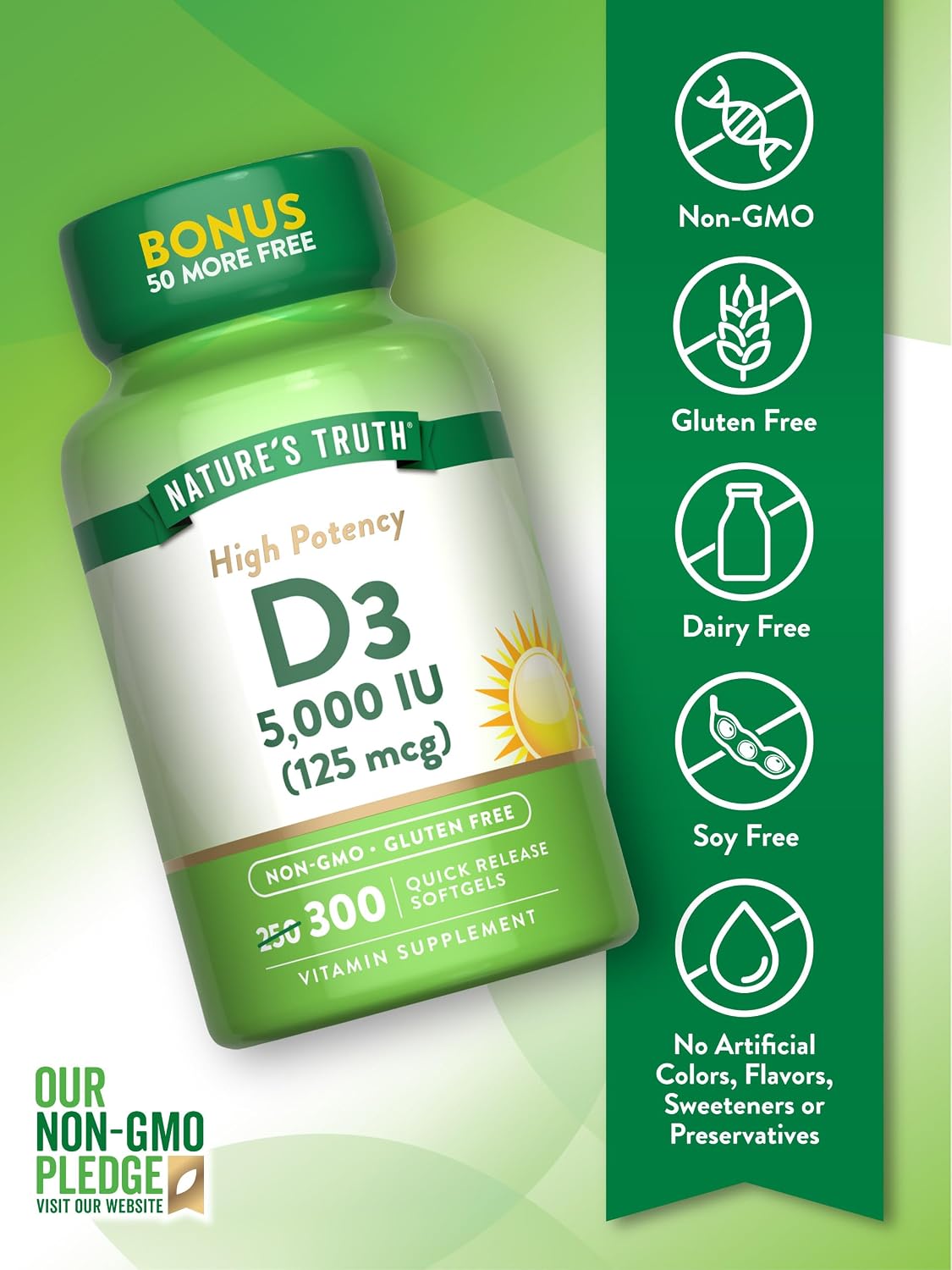 Nature's Truth Vitamin D3 5000 IU (125 mcg) - 300 Softgels - High Potency Vitamin D Supplement - görsel 3